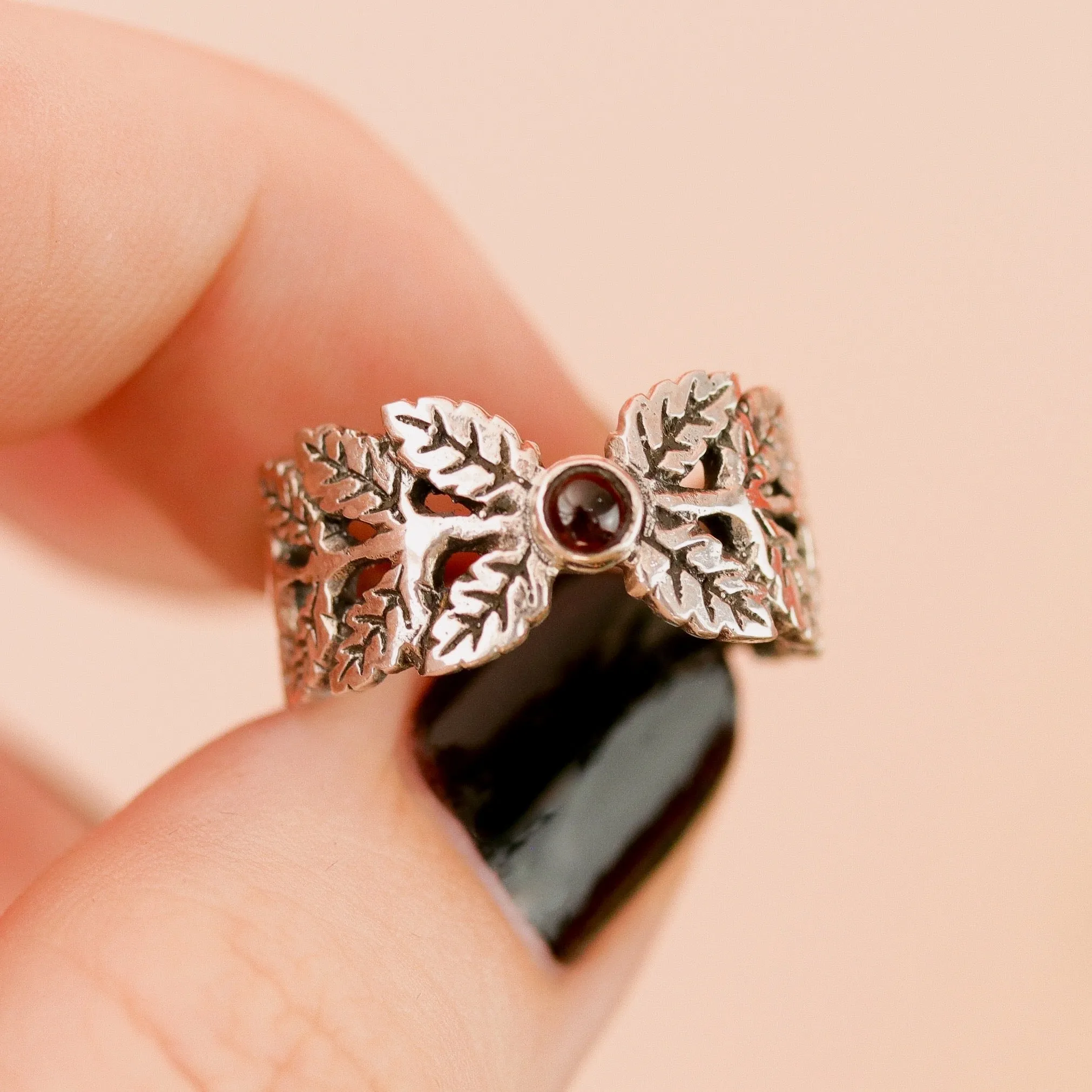 Fern Cradle Garnet Ring