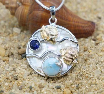 Fish Necklace with Larimar, Lapis Lazuli and Mother of Pearl