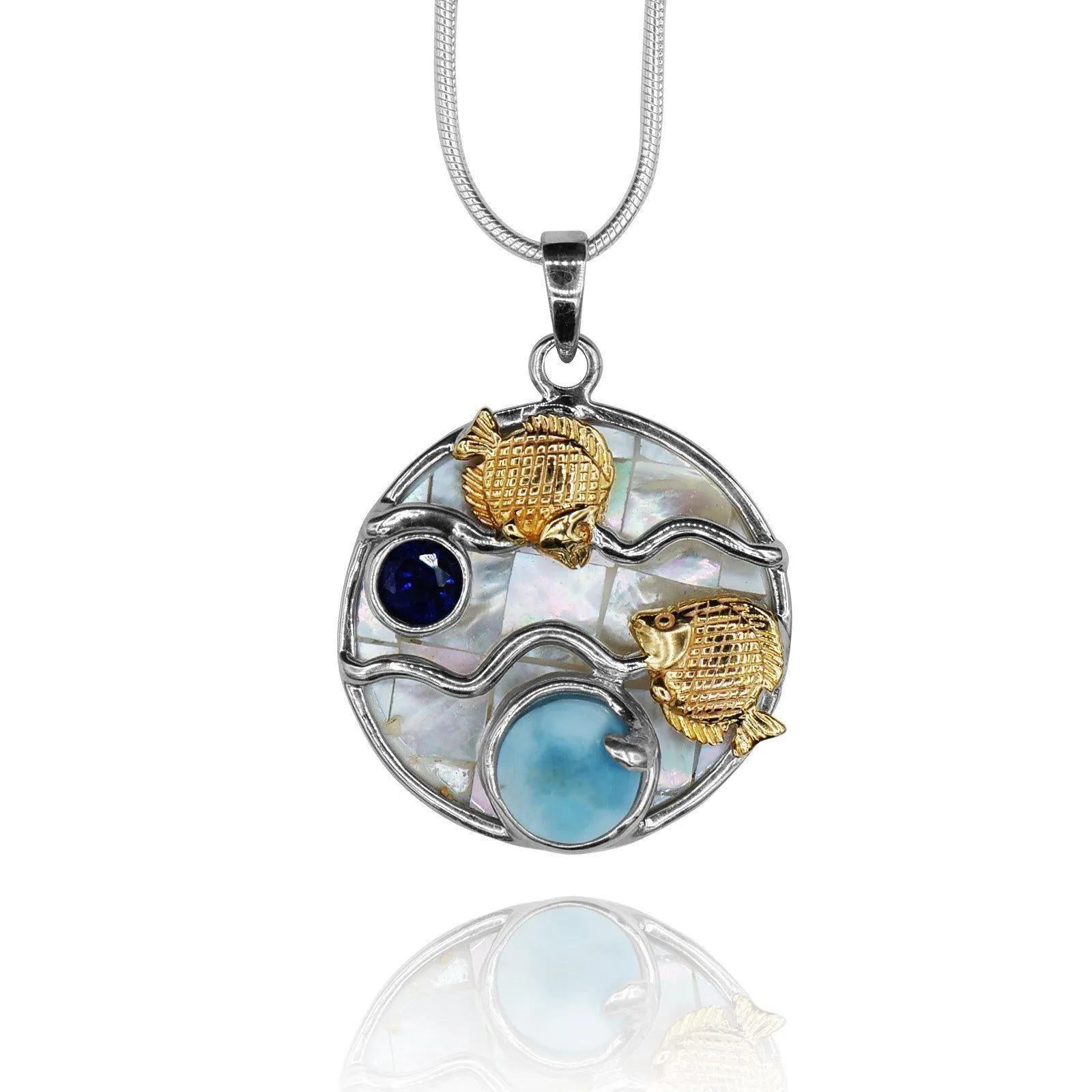 Fish Necklace with Larimar, Lapis Lazuli and Mother of Pearl