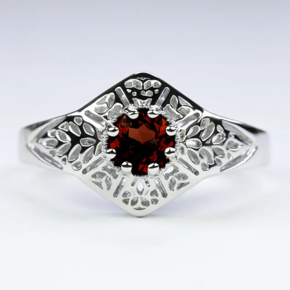 GARNET STERLING SILVER RING VINTAGE STYLE FILIGREE GEMSTONE ART DECO ROUND RED