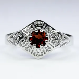 GARNET STERLING SILVER RING VINTAGE STYLE FILIGREE GEMSTONE ART DECO ROUND RED