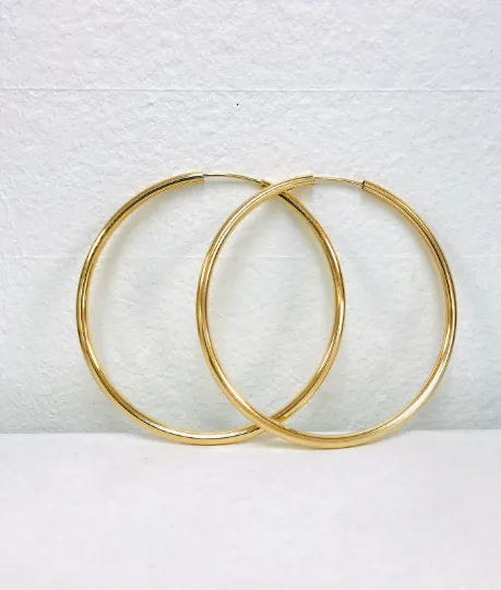 Gold Endless Hoops Earrings 2x2" 14K Solid Yellow Gold Filled / Sleeper Earrings / Argollas Arracadas Oro Laminado / Everyday Earrings