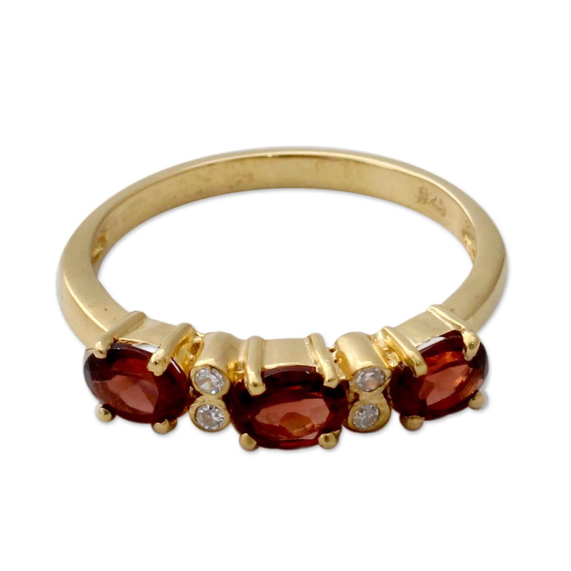 Gold vermeil garnet three-stone ring - Ode | NOVICA