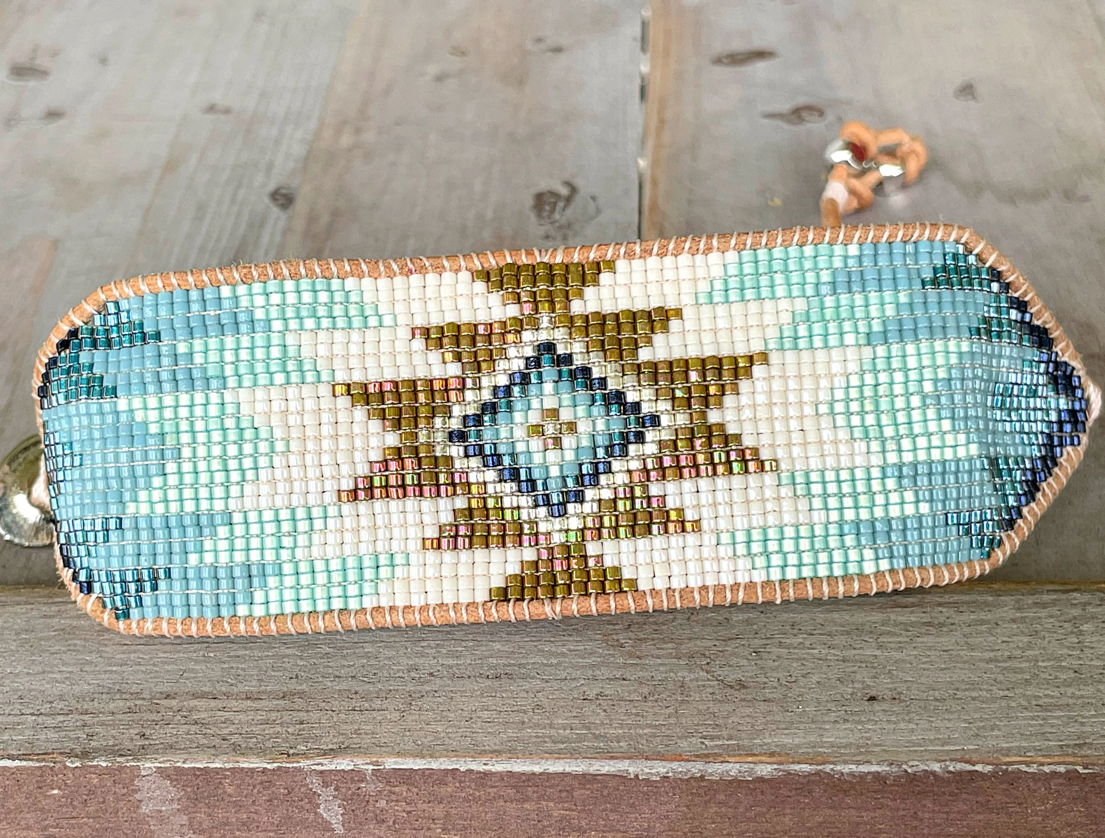 Green and Blue Starburst Beaded Loom Wide Cuff Bracelet