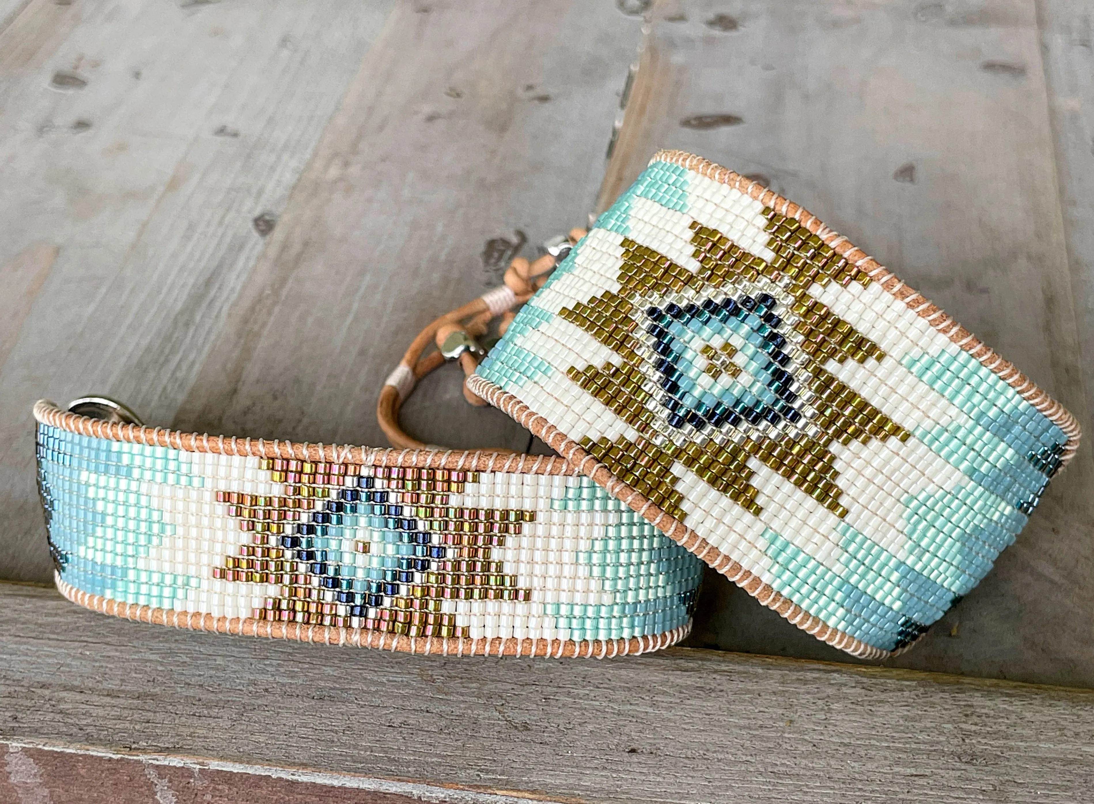 Green and Blue Starburst Beaded Loom Wide Cuff Bracelet