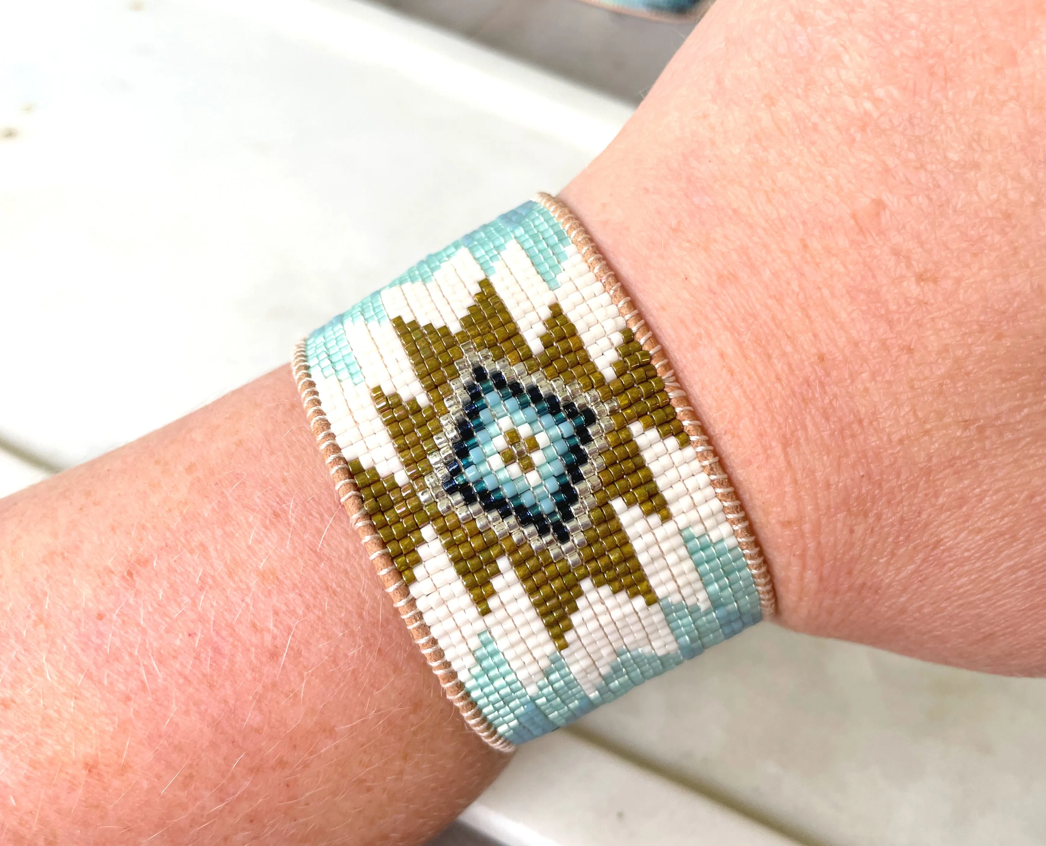 Green and Blue Starburst Beaded Loom Wide Cuff Bracelet