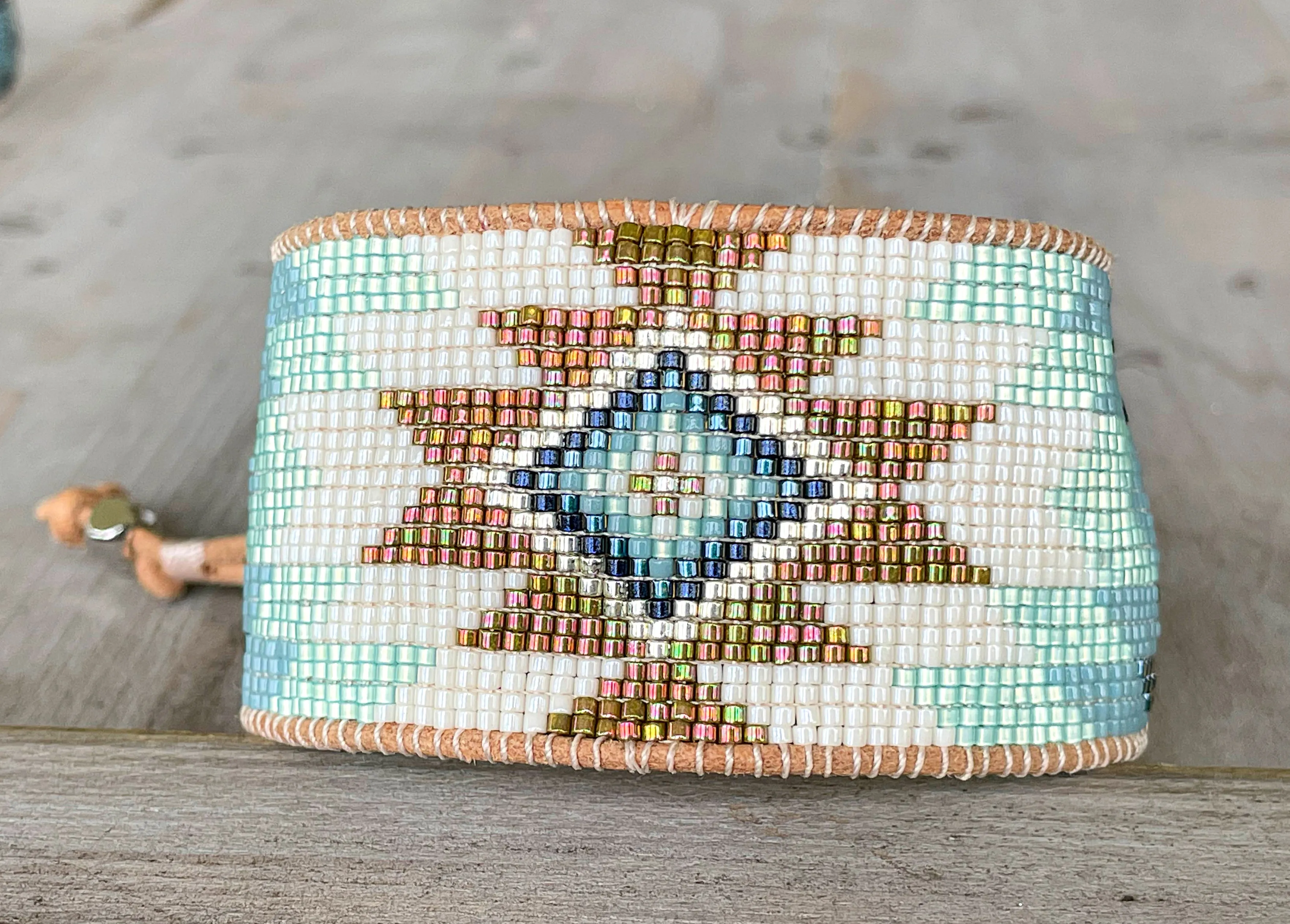 Green and Blue Starburst Beaded Loom Wide Cuff Bracelet