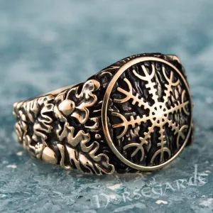 Handcrafted Helm of Awe Rune Oak Leaves Ring - Bronze