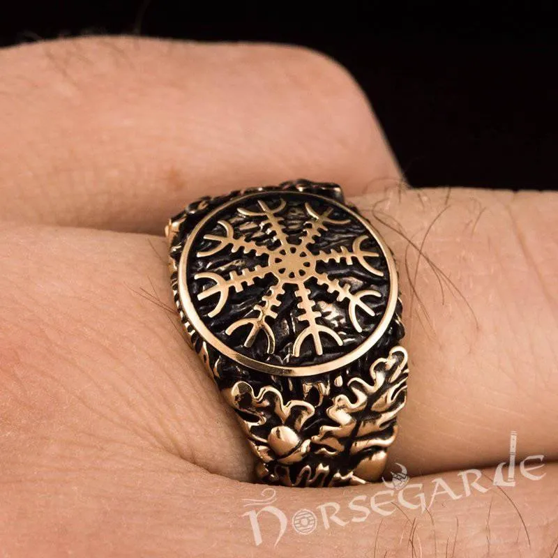 Handcrafted Helm of Awe Rune Oak Leaves Ring - Bronze