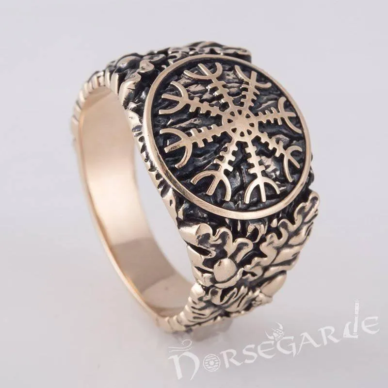 Handcrafted Helm of Awe Rune Oak Leaves Ring - Bronze