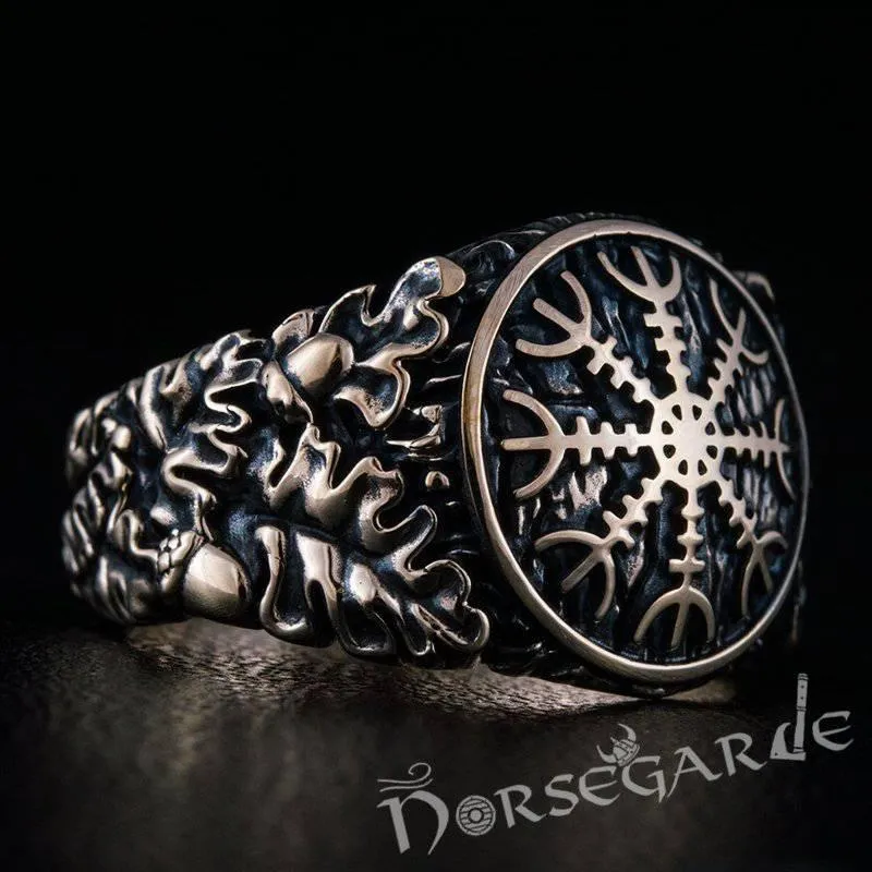 Handcrafted Helm of Awe Rune Oak Leaves Ring - Bronze