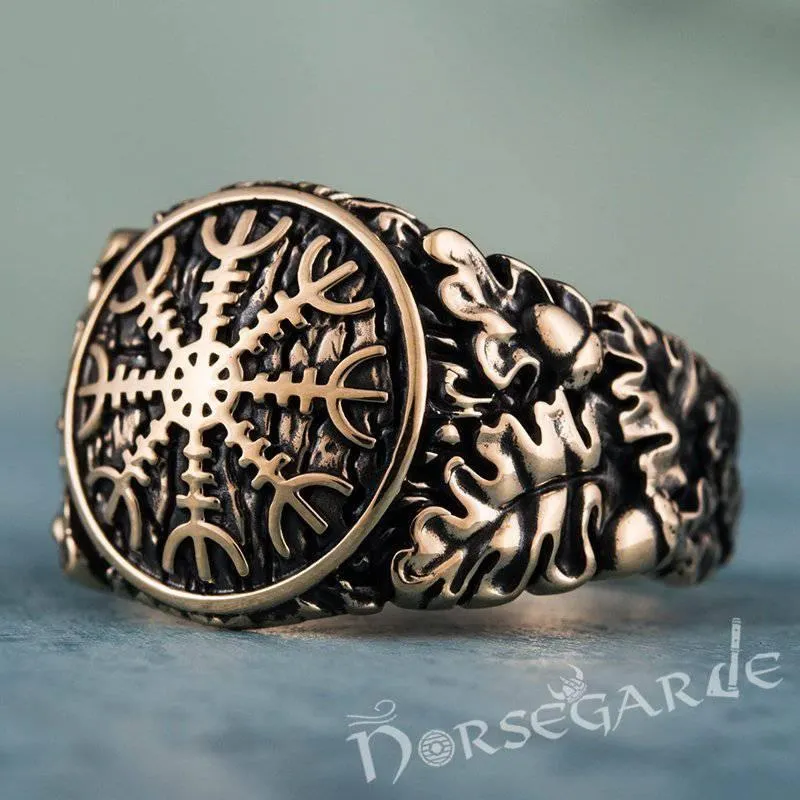 Handcrafted Helm of Awe Rune Oak Leaves Ring - Bronze