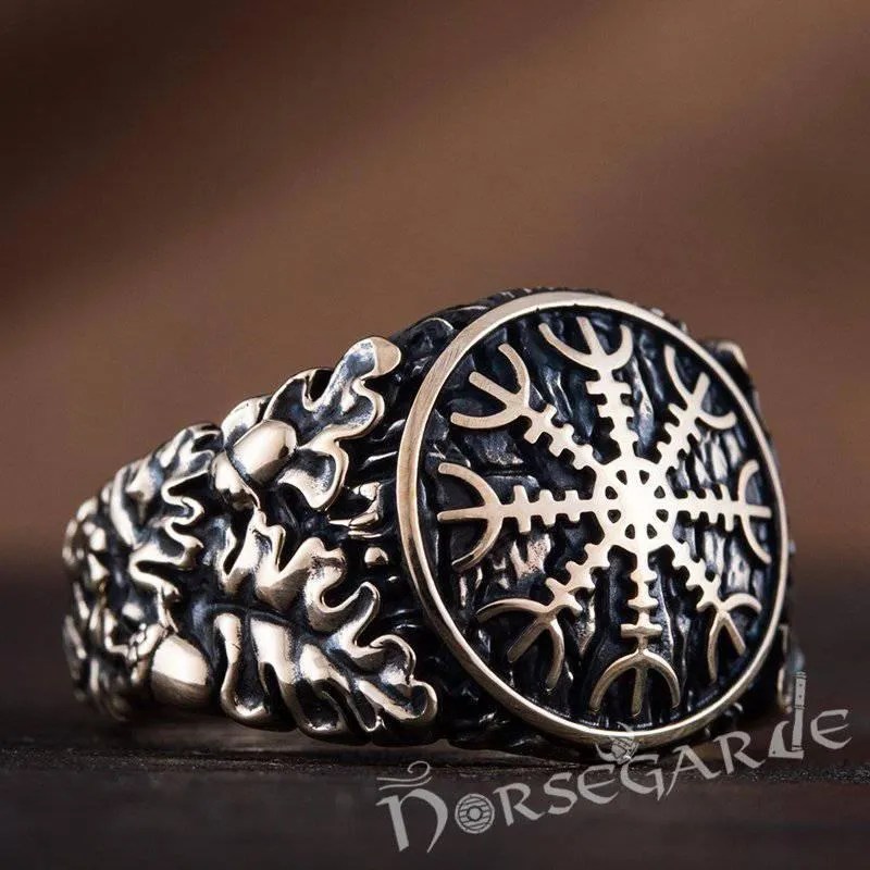 Handcrafted Helm of Awe Rune Oak Leaves Ring - Bronze