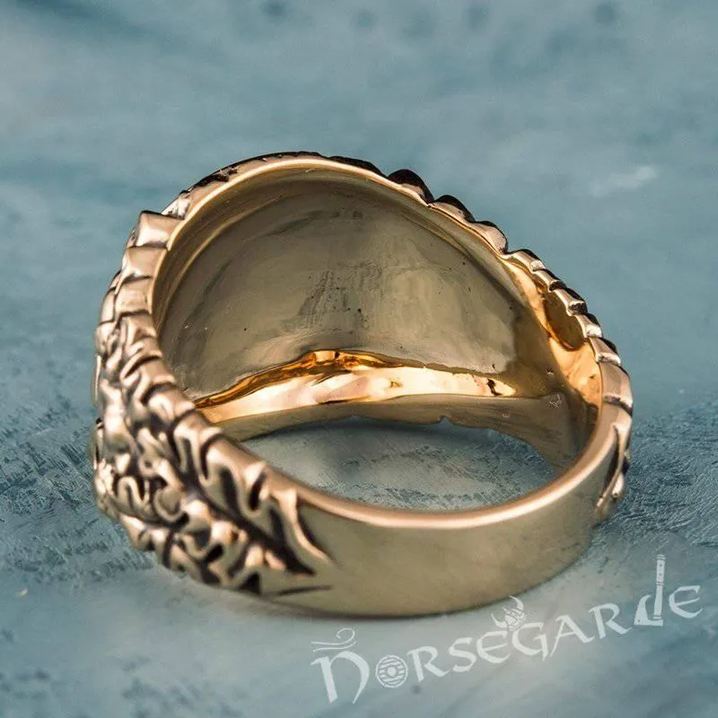 Handcrafted Helm of Awe Rune Oak Leaves Ring - Bronze