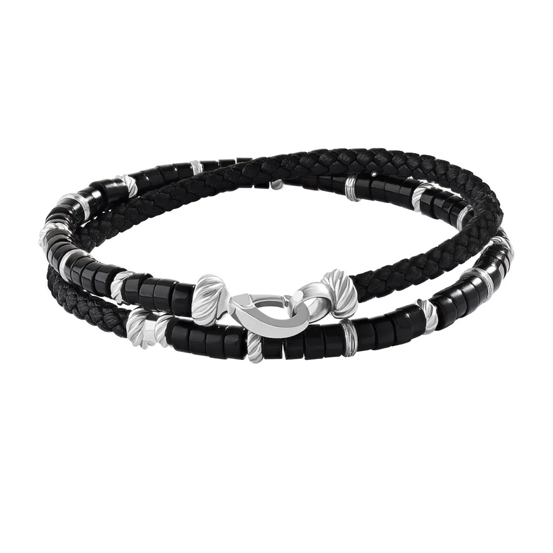 Heishi Beads & Leather Wrap Bracelet in Silver