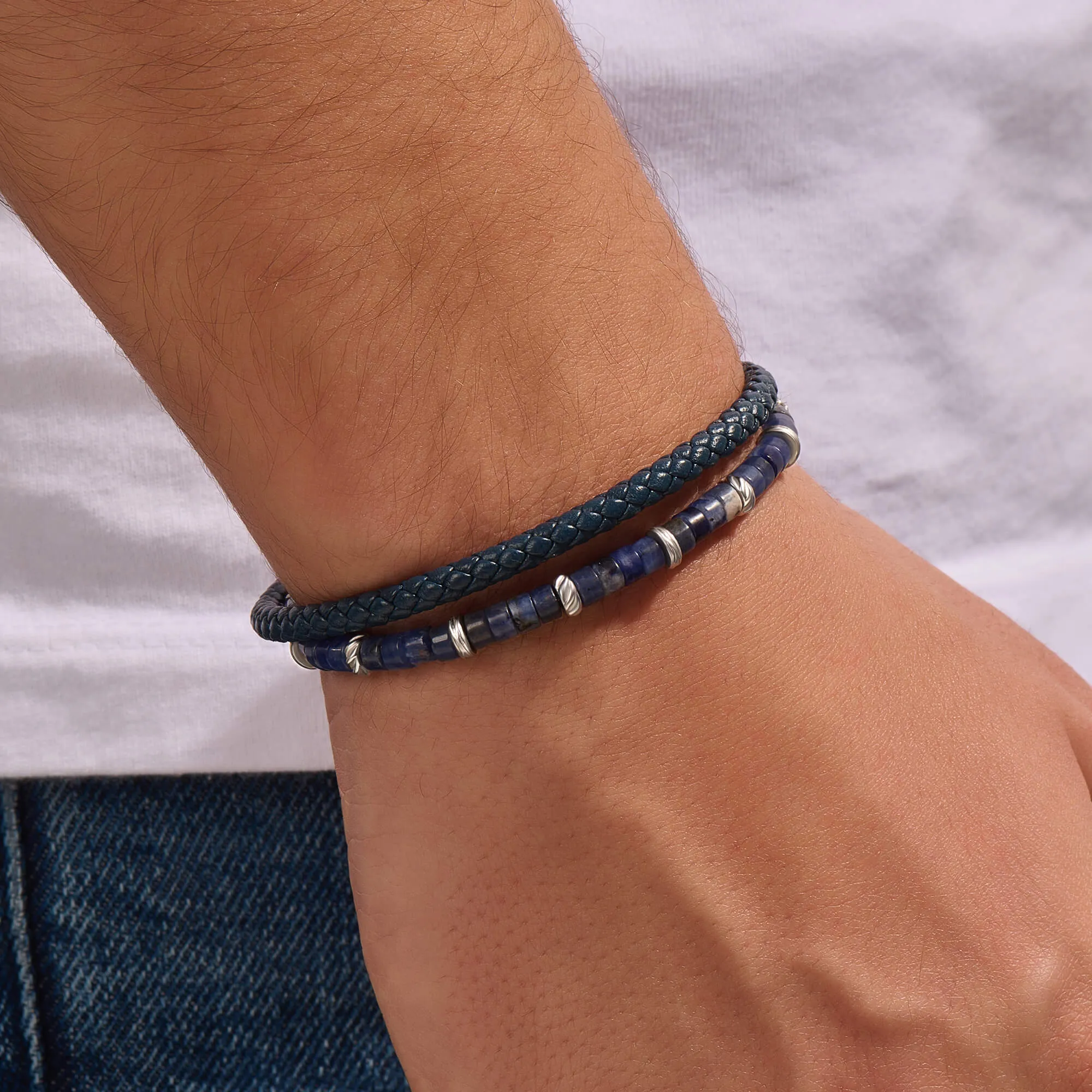 Heishi Beads & Leather Wrap Bracelet in Silver