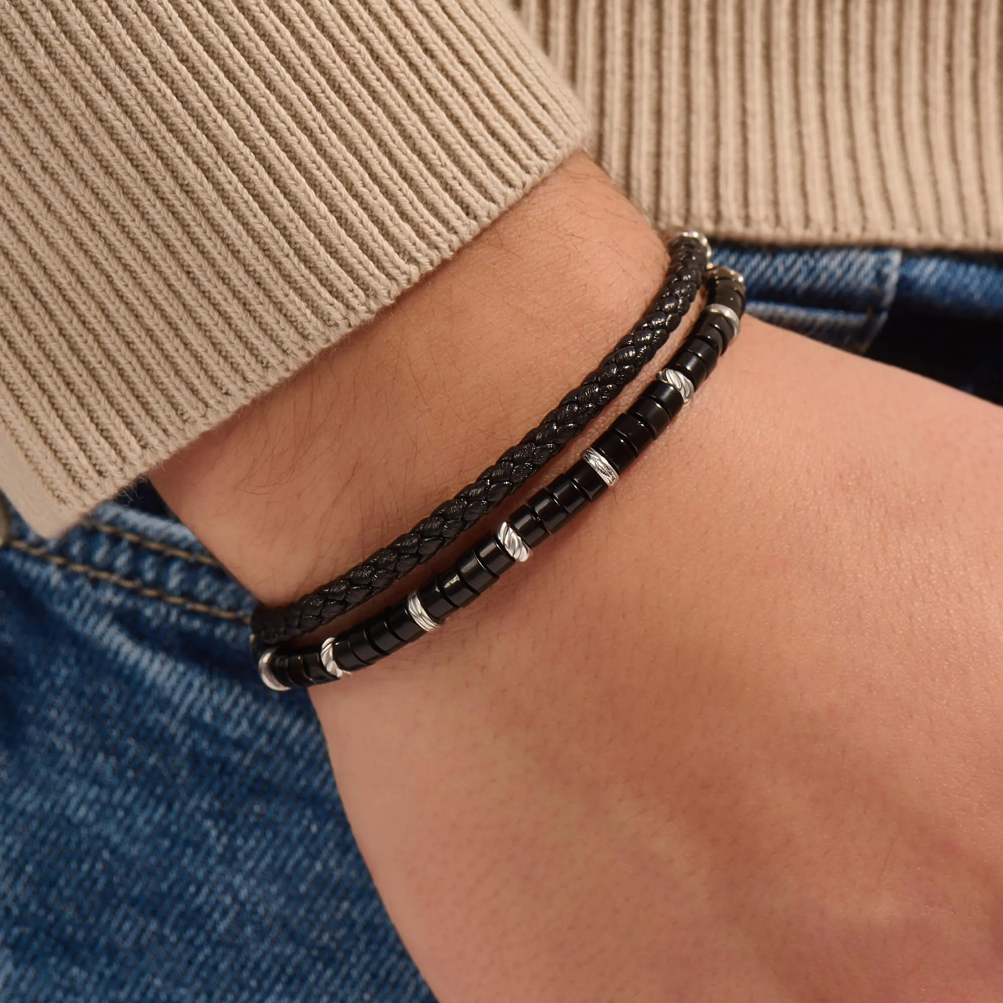 Heishi Beads & Leather Wrap Bracelet in Silver