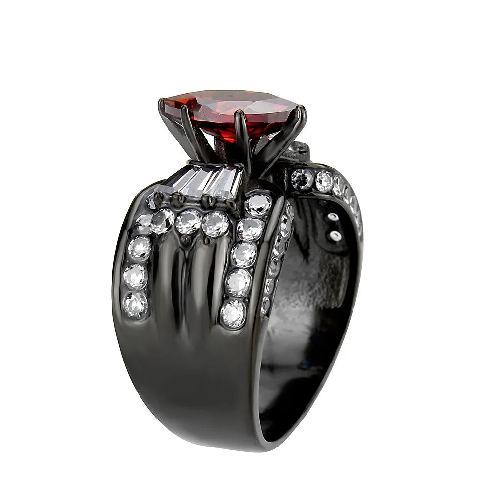 IP Black (Ion Plating) Stainless Steel Ring with AAA Grade CZ in Garnet for Women Style TK3776