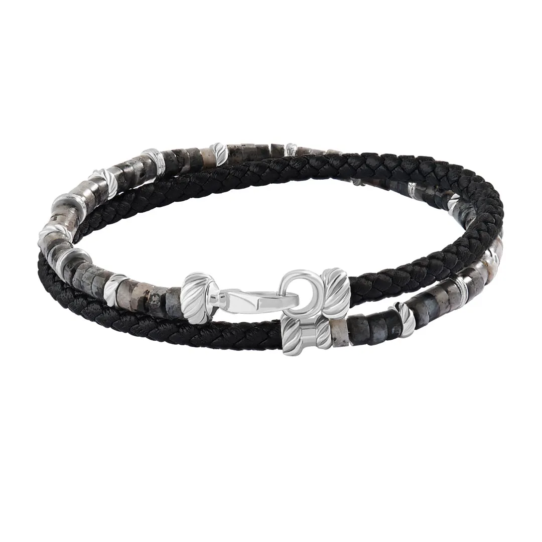 Jasper Heishi Beads & Leather Wrap Bracelet in Silver