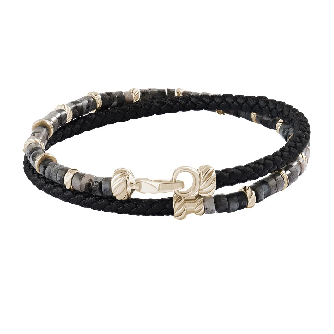 Jasper Heishi Beads & Leather Wrap Bracelet in Silver