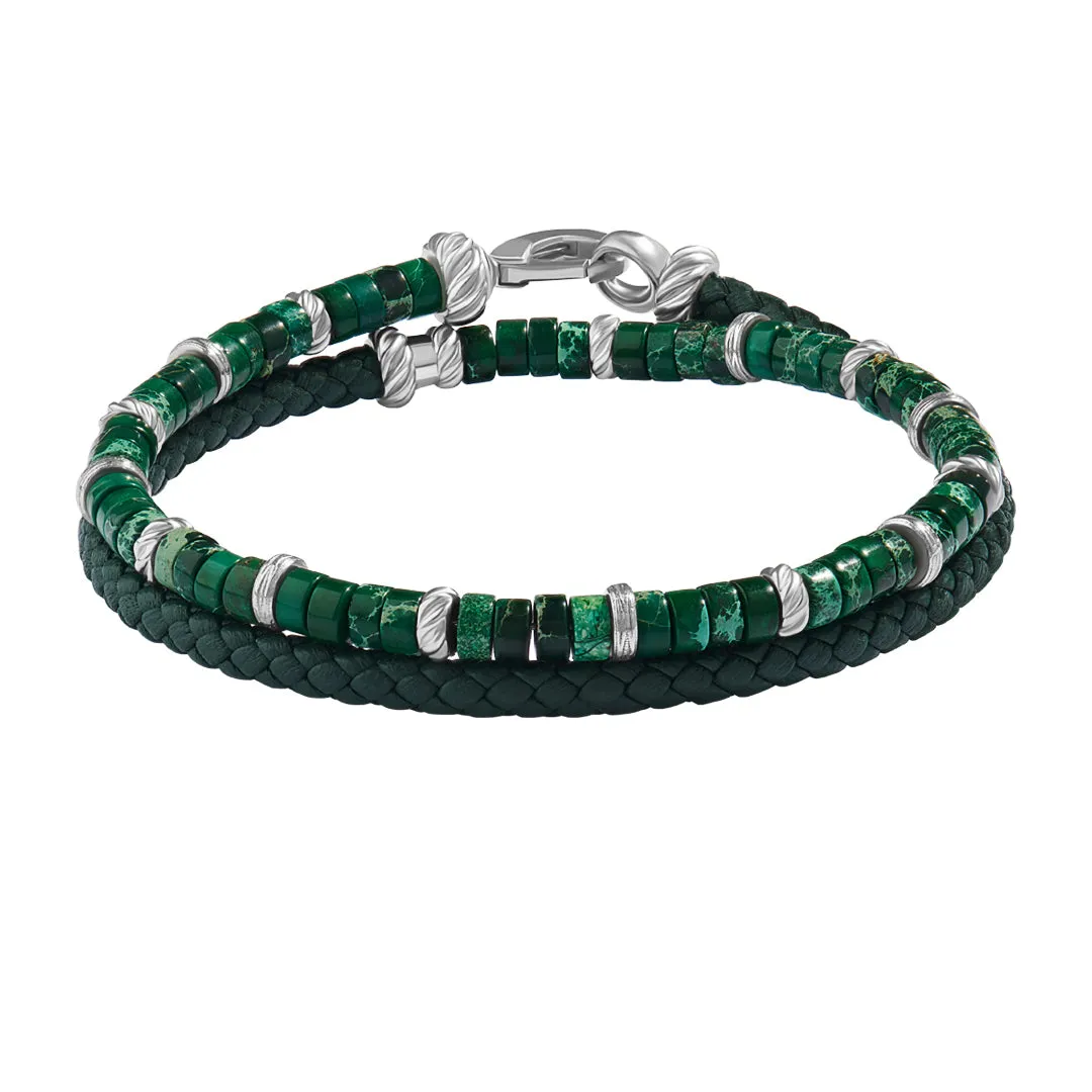 Jasper Heishi Beads & Leather Wrap Bracelet in Silver