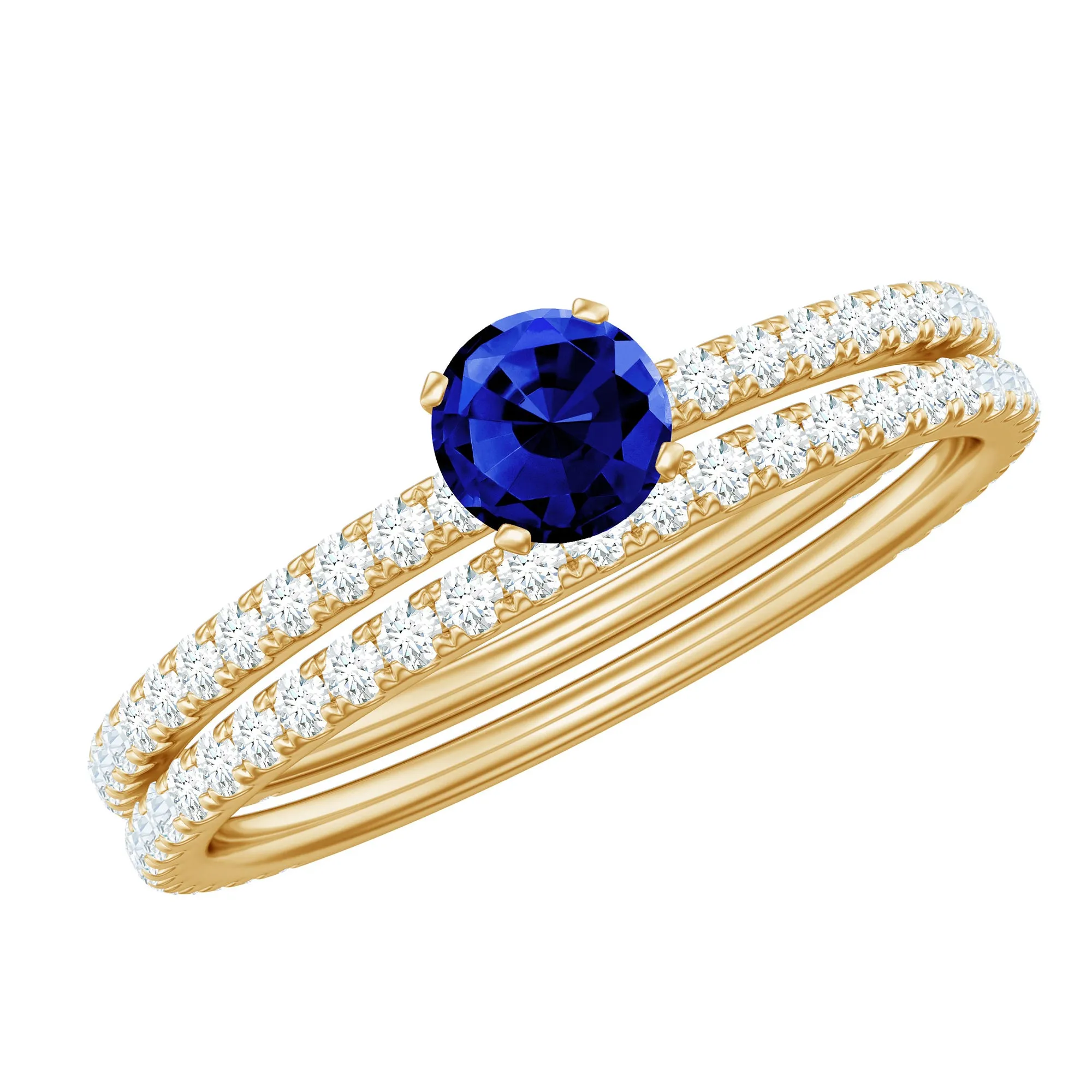 Lab Grown Blue Sapphire Engagement Ring with Diamond Wedding Band