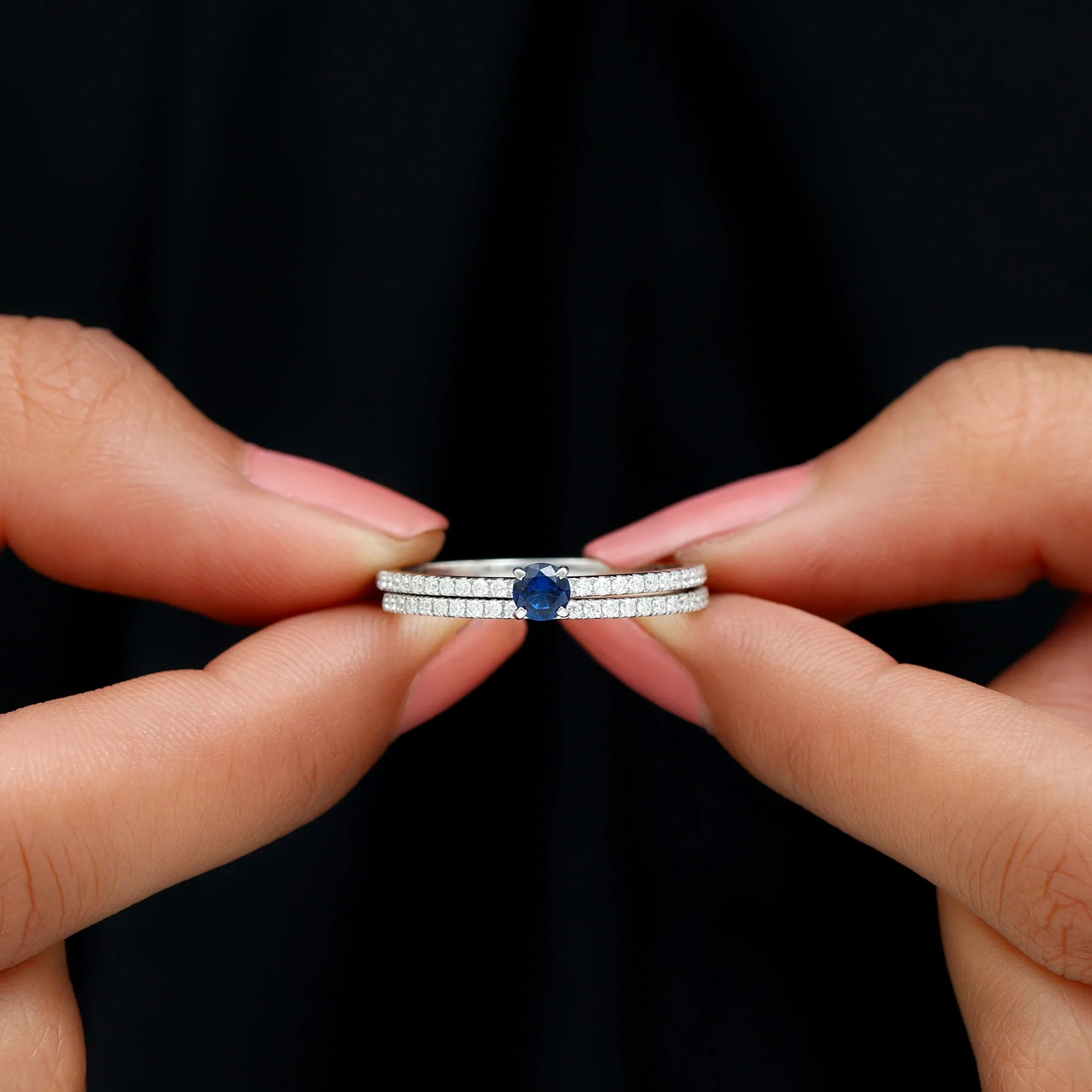 Lab Grown Blue Sapphire Engagement Ring with Diamond Wedding Band