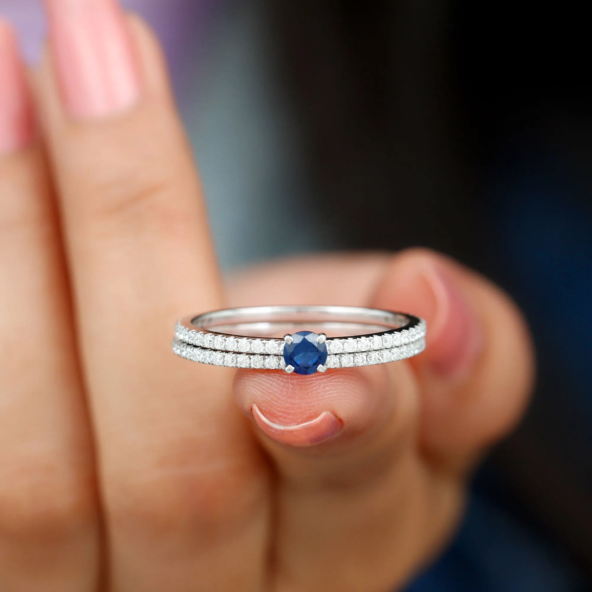 Lab Grown Blue Sapphire Engagement Ring with Diamond Wedding Band