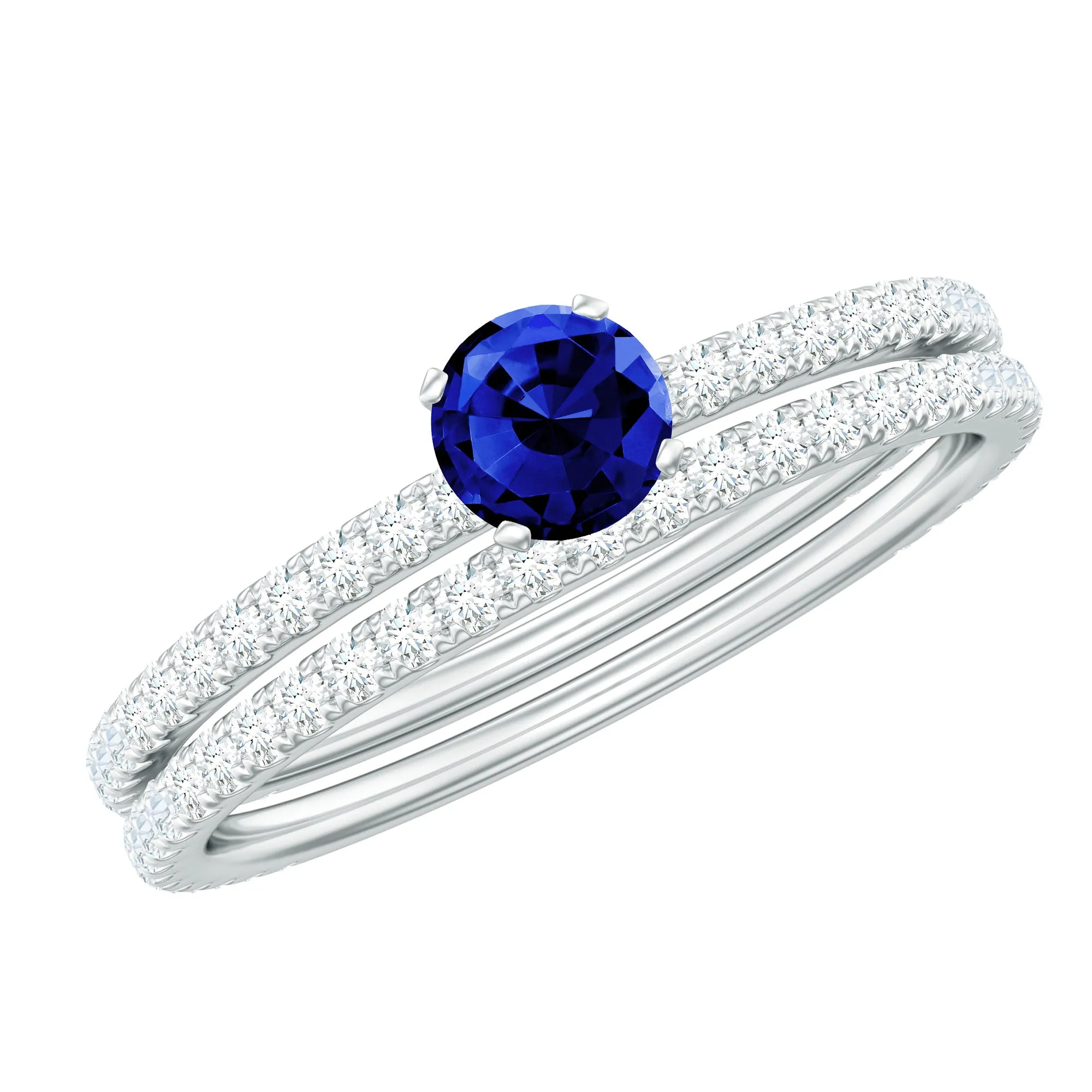 Lab Grown Blue Sapphire Engagement Ring with Diamond Wedding Band