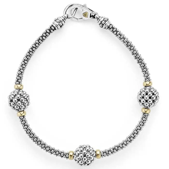 LAGOS 7.75" 3mm Signature Caviar Three- Ball Bracelet in Sterling Silver and 18kt Yellow Gold Size 7