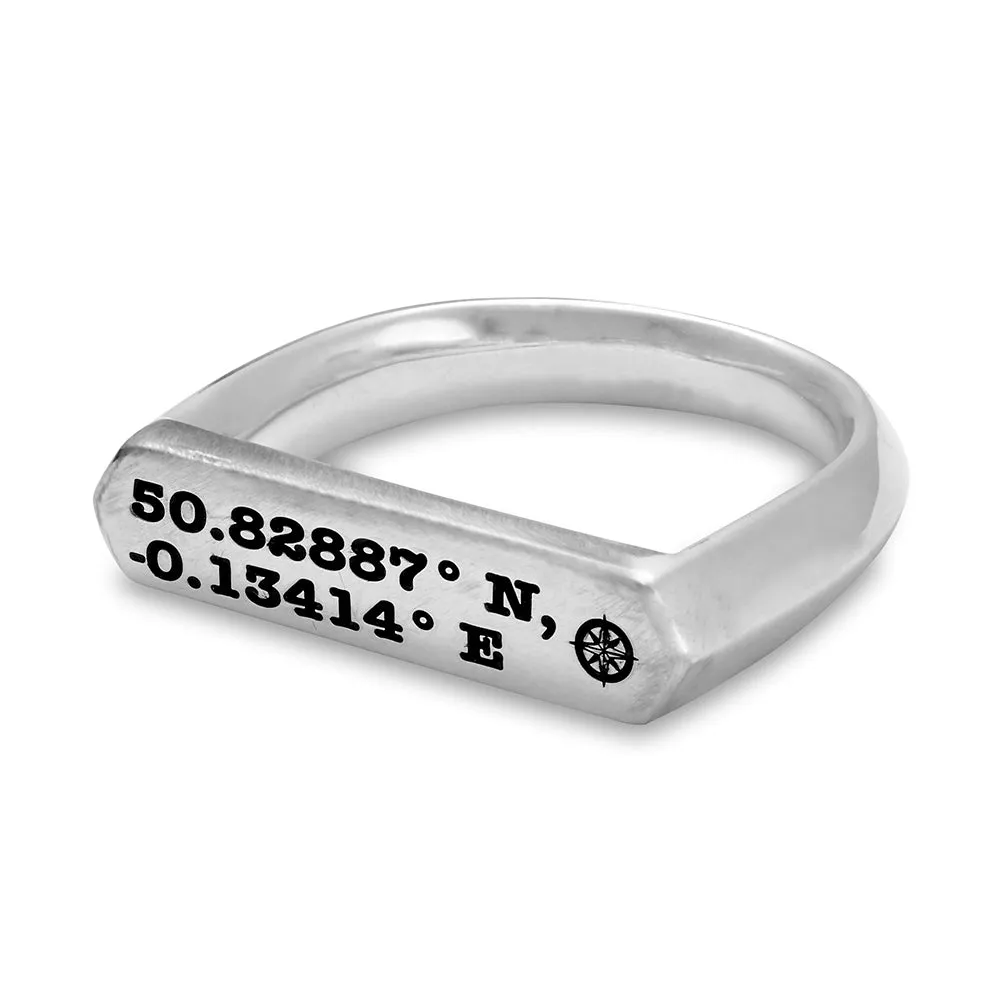 Latitude Longitude Coordinates Bar Silver Signet Ring