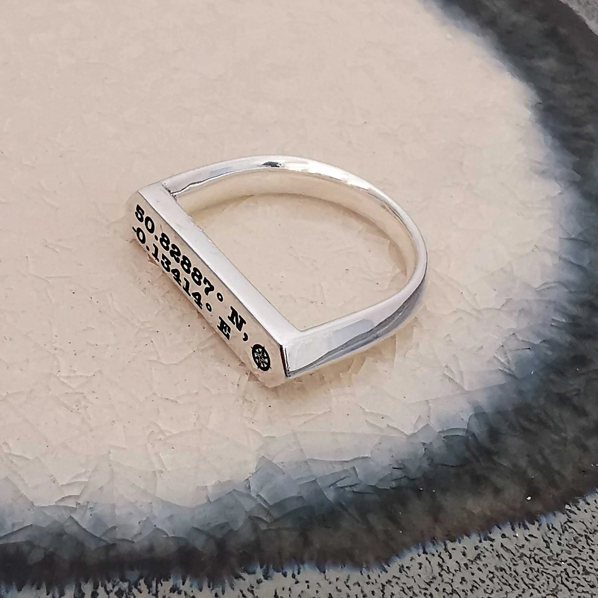 Latitude Longitude Coordinates Bar Silver Signet Ring