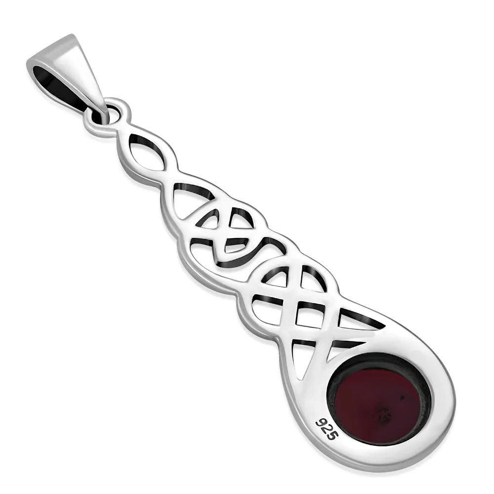 Long Celtic Silver Pendant set w/ Garnet