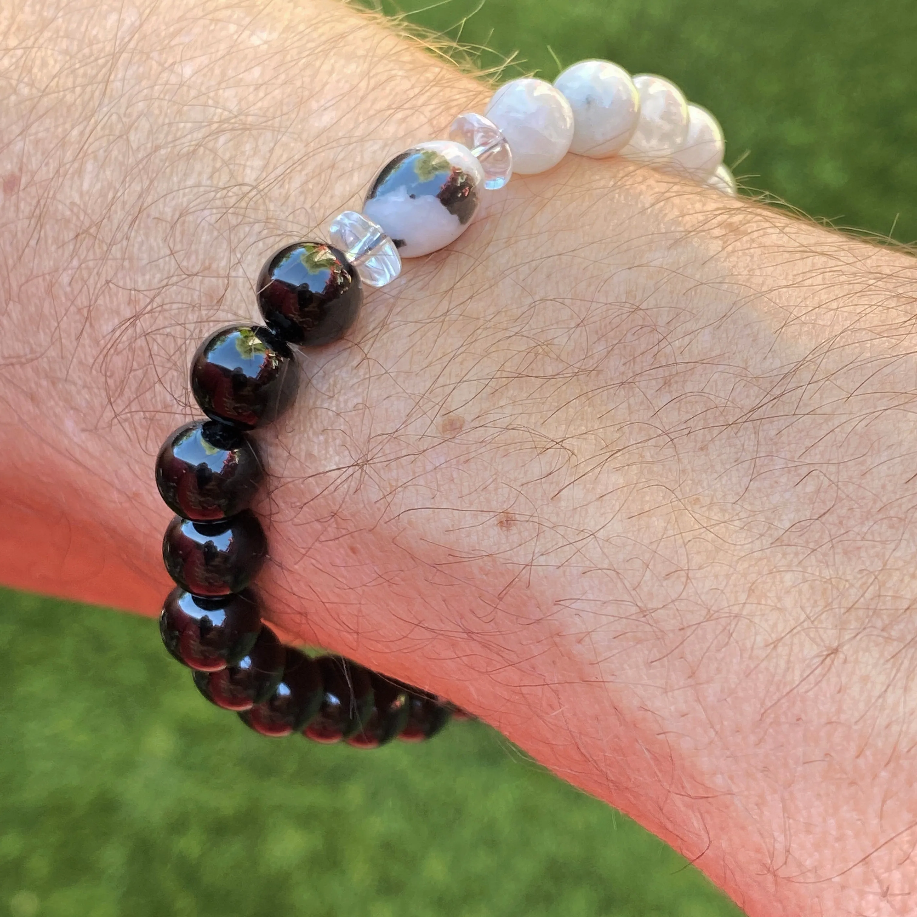 Men’s Moonstone, Onyx, and Zebra Jasper "Balance" stretch bracelet