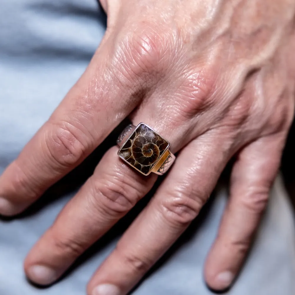 Men's Sterling Silver Ammonite Fossil Signet Ring