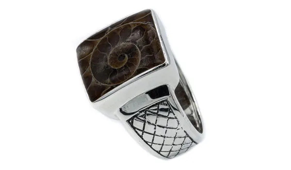 Men's Sterling Silver Ammonite Fossil Signet Ring