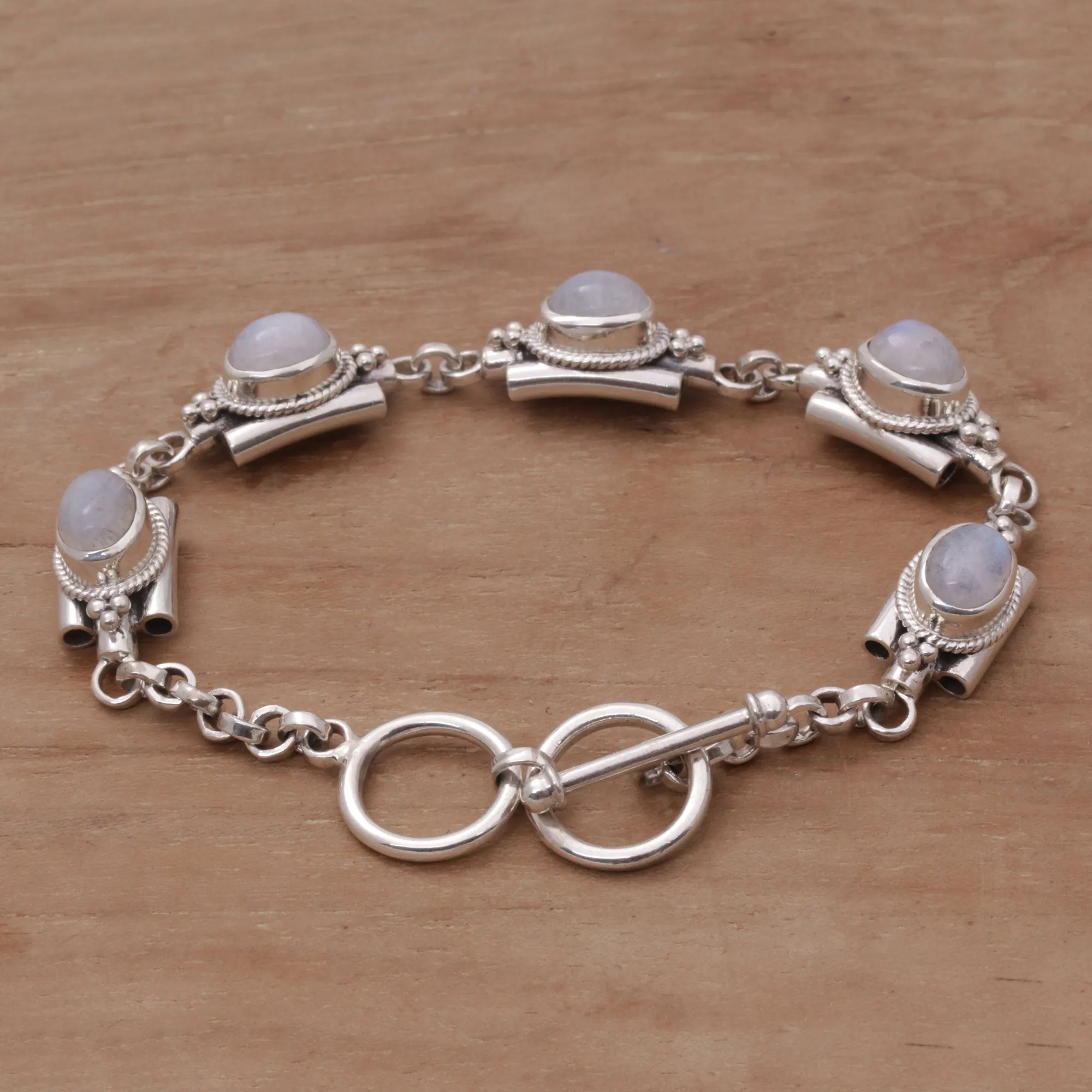 Misty Domes Silver & Rainbow Moonstone Bracelet