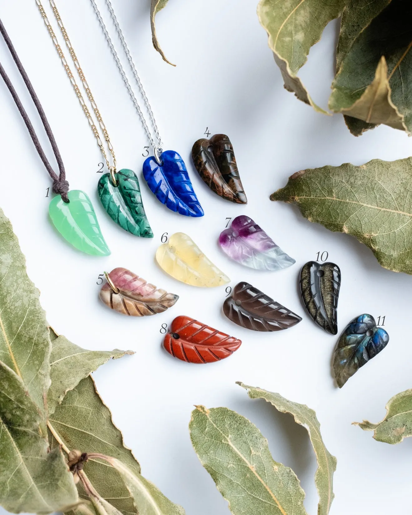 Mixed Gemstone Hand Carved Leaf Necklace