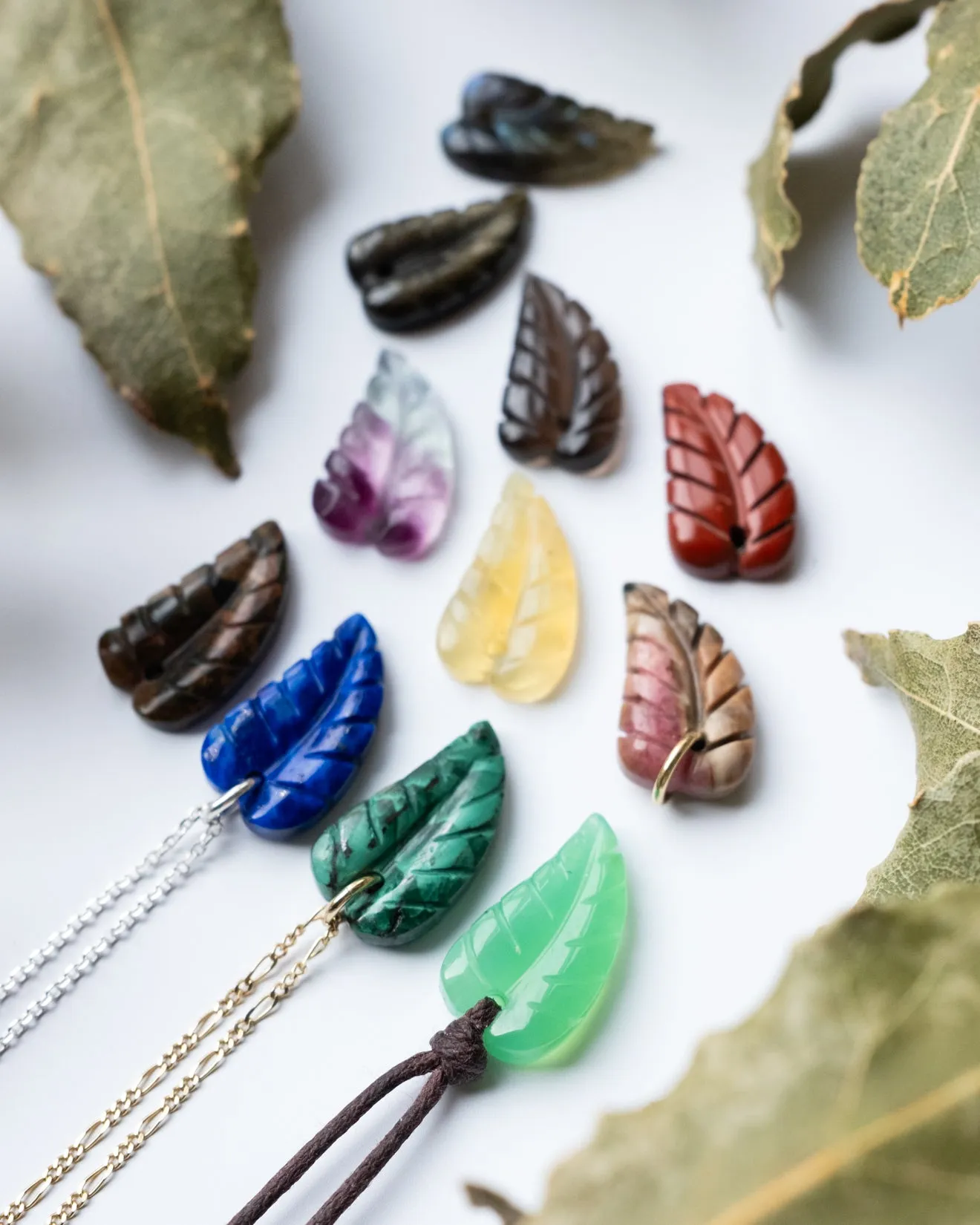 Mixed Gemstone Hand Carved Leaf Necklace