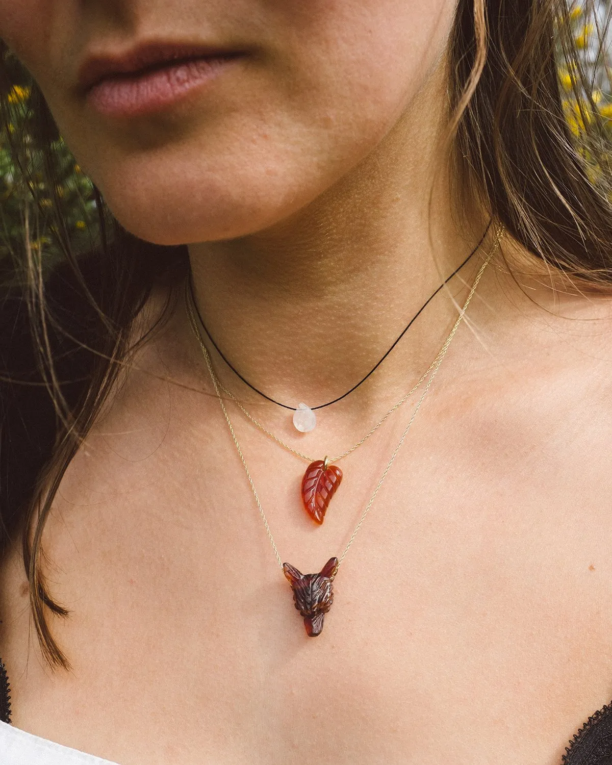 Mixed Gemstone Hand Carved Leaf Necklace