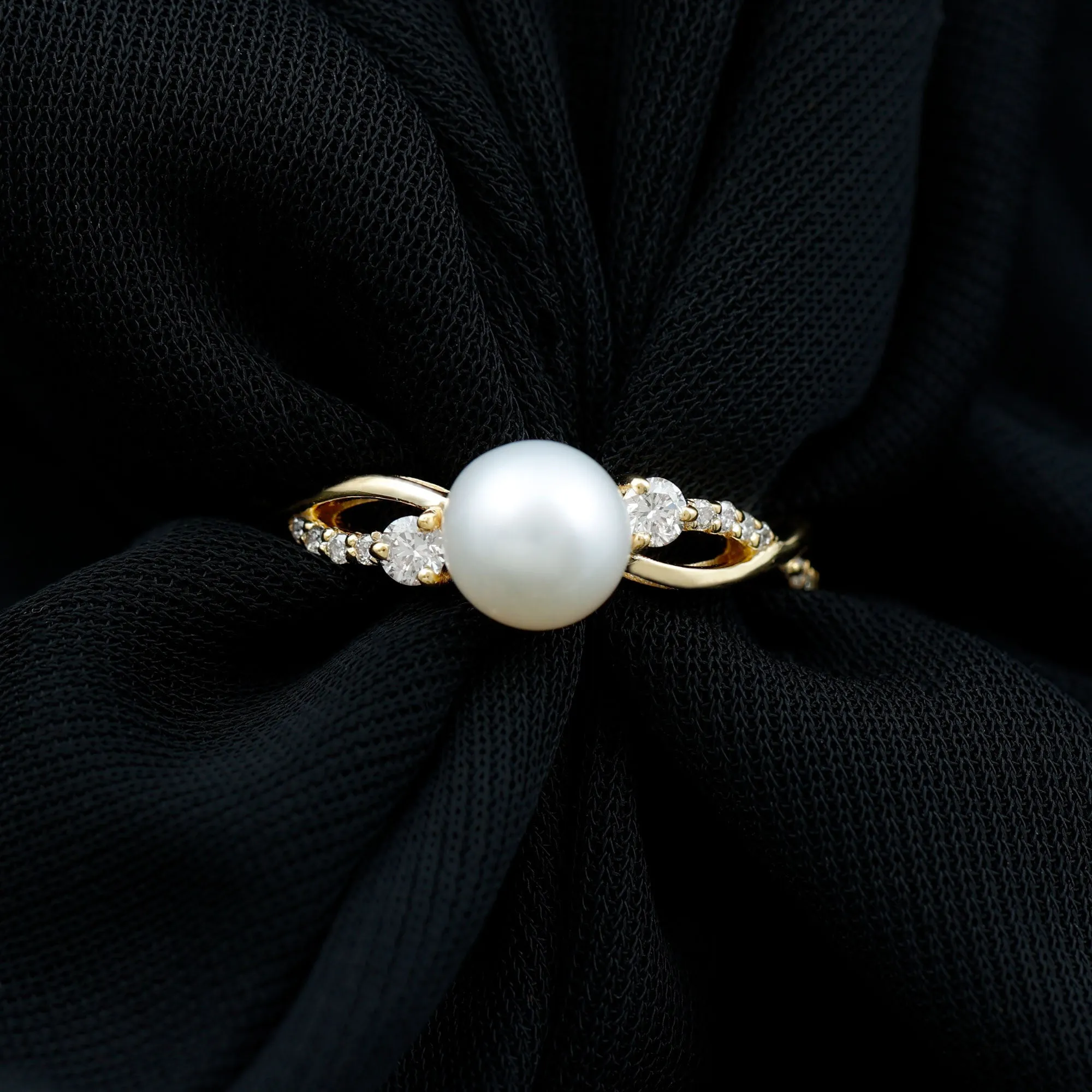 Natural Freshwater Pearl and Diamond Solitaire Crossover Ring