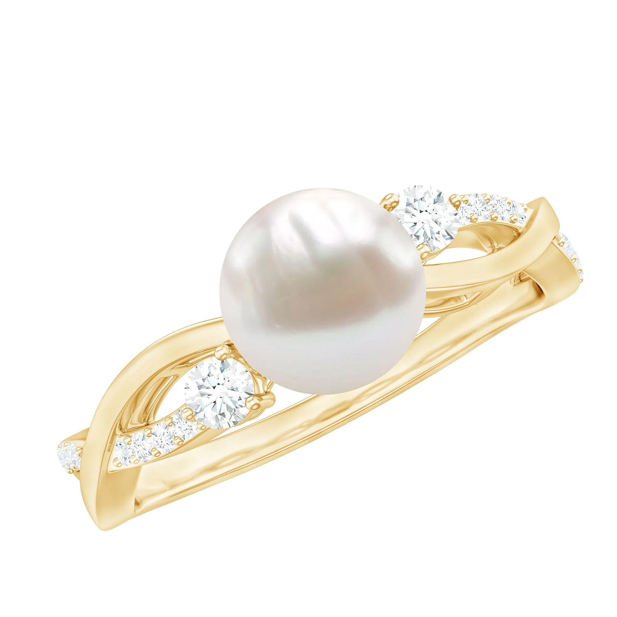 Natural Freshwater Pearl and Diamond Solitaire Crossover Ring