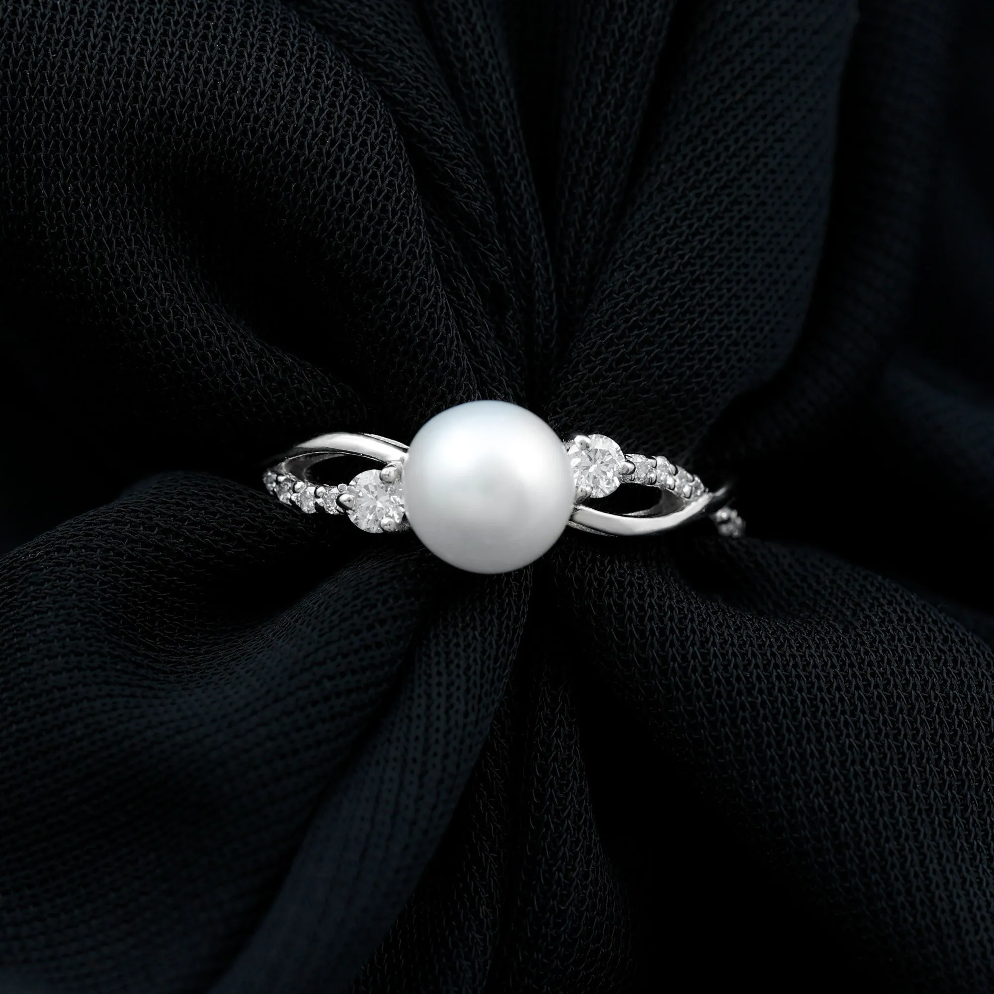 Natural Freshwater Pearl and Diamond Solitaire Crossover Ring