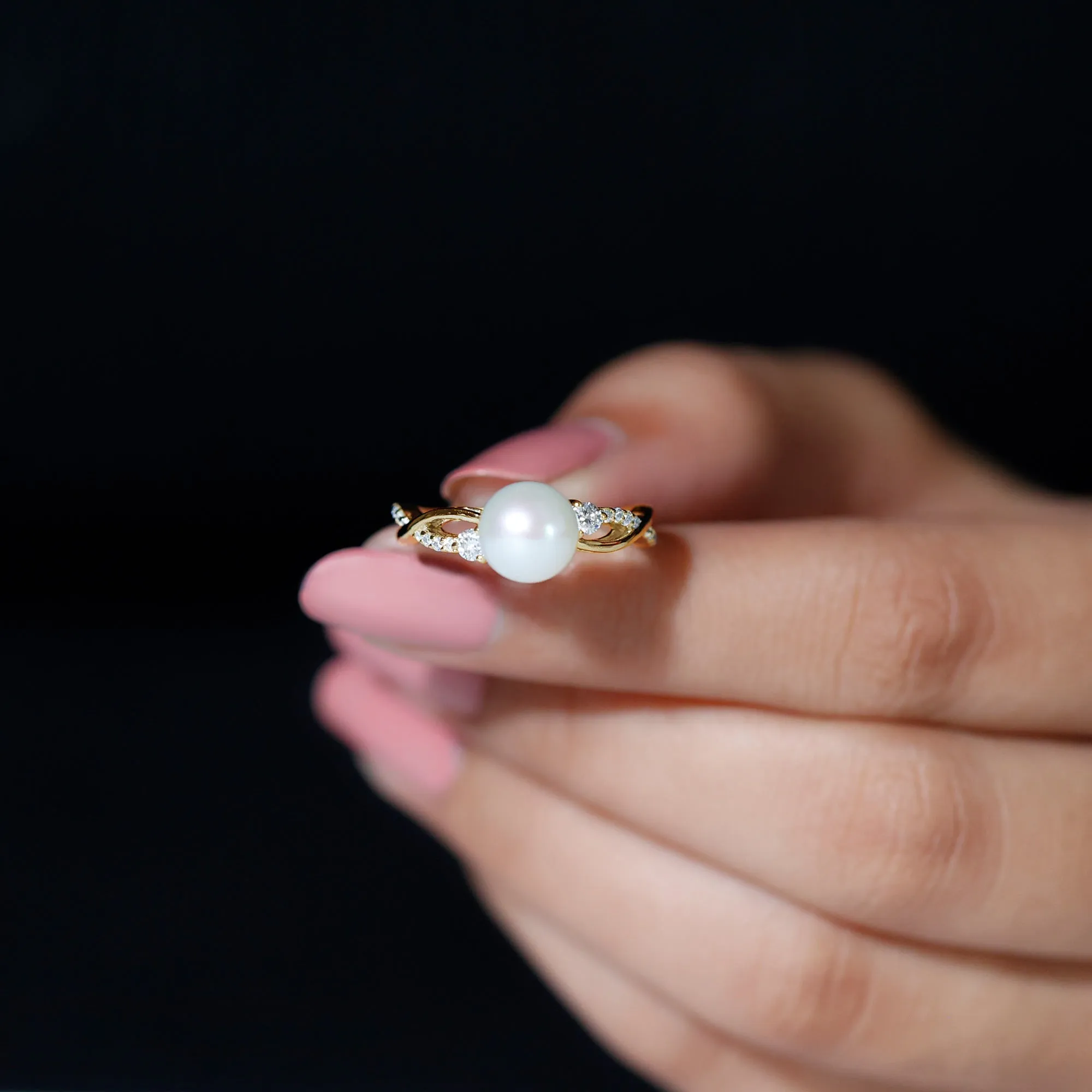 Natural Freshwater Pearl and Diamond Solitaire Crossover Ring