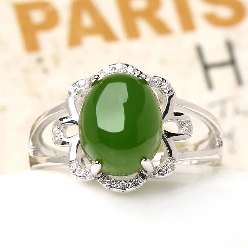 Natural Jade Ring Nephrite Silver Adjustable Ring WR17