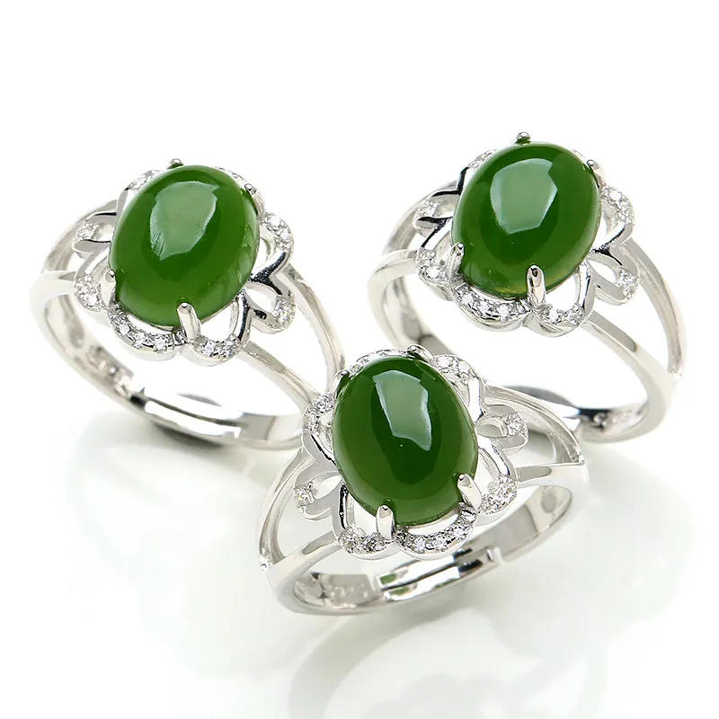 Natural Jade Ring Nephrite Silver Adjustable Ring WR17