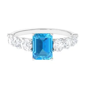 Octagon Cut Swiss Blue Topaz and Moissanite Side Stone Engagement Ring