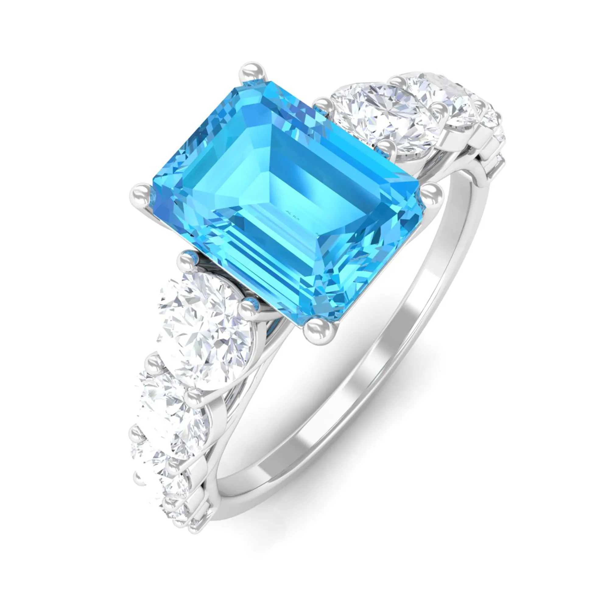 Octagon Cut Swiss Blue Topaz and Moissanite Side Stone Engagement Ring