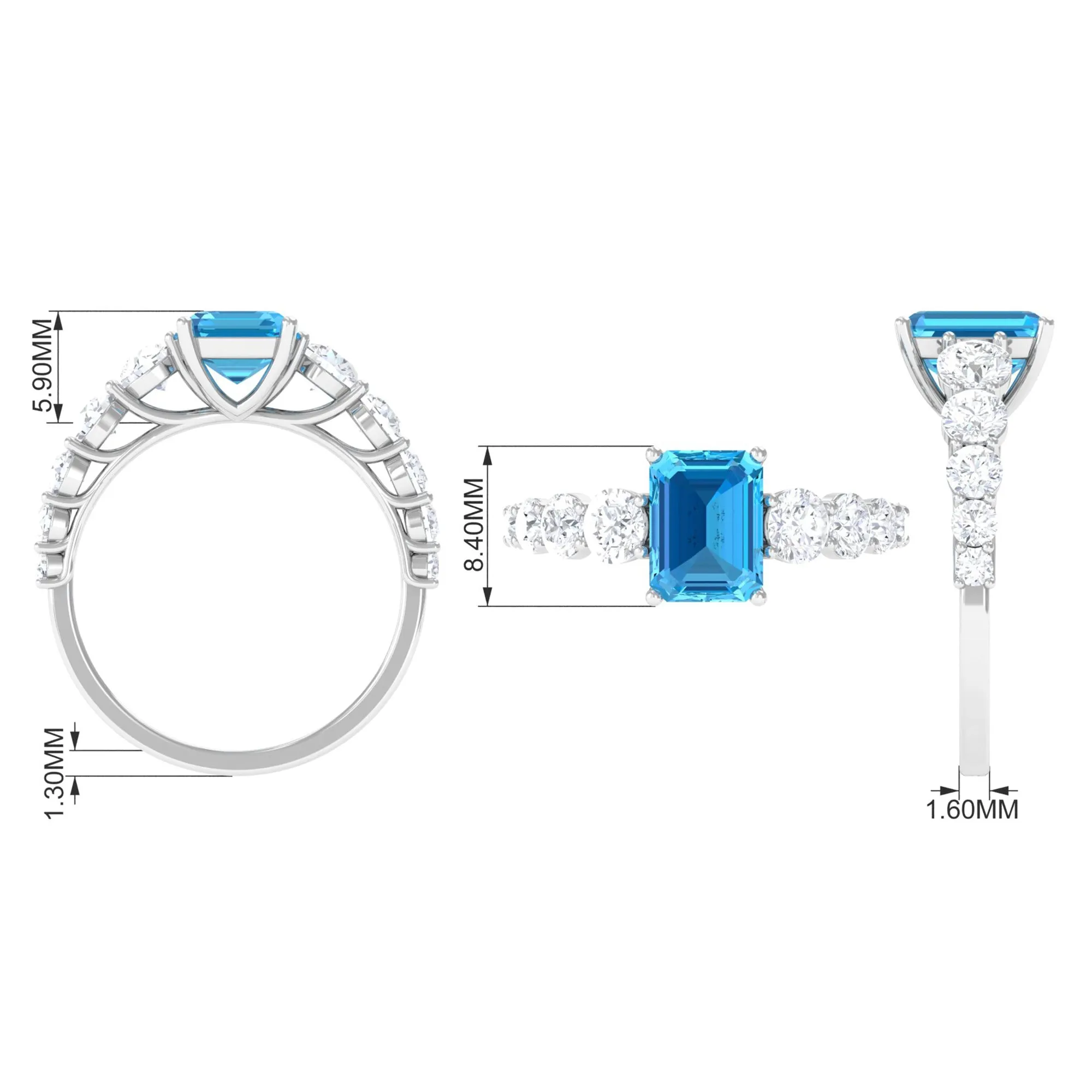 Octagon Cut Swiss Blue Topaz and Moissanite Side Stone Engagement Ring