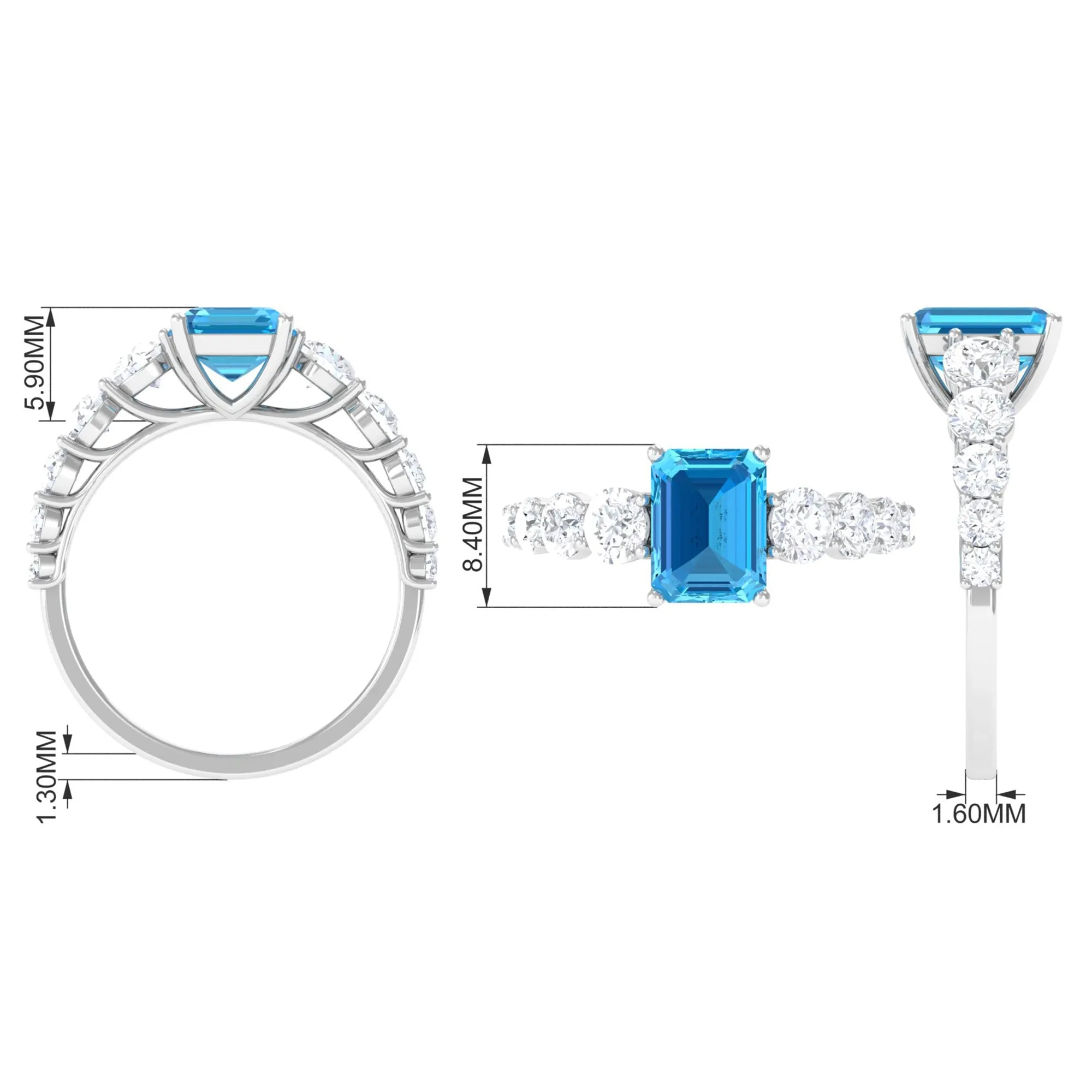 Octagon Cut Swiss Blue Topaz and Moissanite Side Stone Engagement Ring